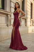 Orange Sequins Mermaid Evening Dress with V-Neck Neckline and Sequins