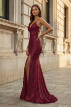 Orange Sequins Mermaid Evening Dress with V-Neck Neckline and Sequins