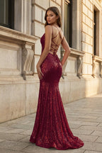 Orange Sequins Mermaid Evening Dress with V-Neck Neckline and Sequins