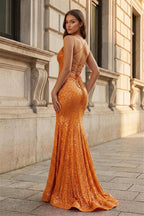 Orange Sequins Mermaid Evening Dress with V-Neck Neckline and Sequins