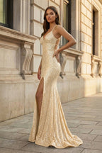 Orange Sequins Mermaid Evening Dress with V-Neck Neckline and Sequins