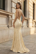 Orange Sequins Mermaid Evening Dress with V-Neck Neckline and Sequins