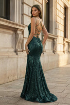 Orange Sequins Mermaid Evening Dress with V-Neck Neckline and Sequins