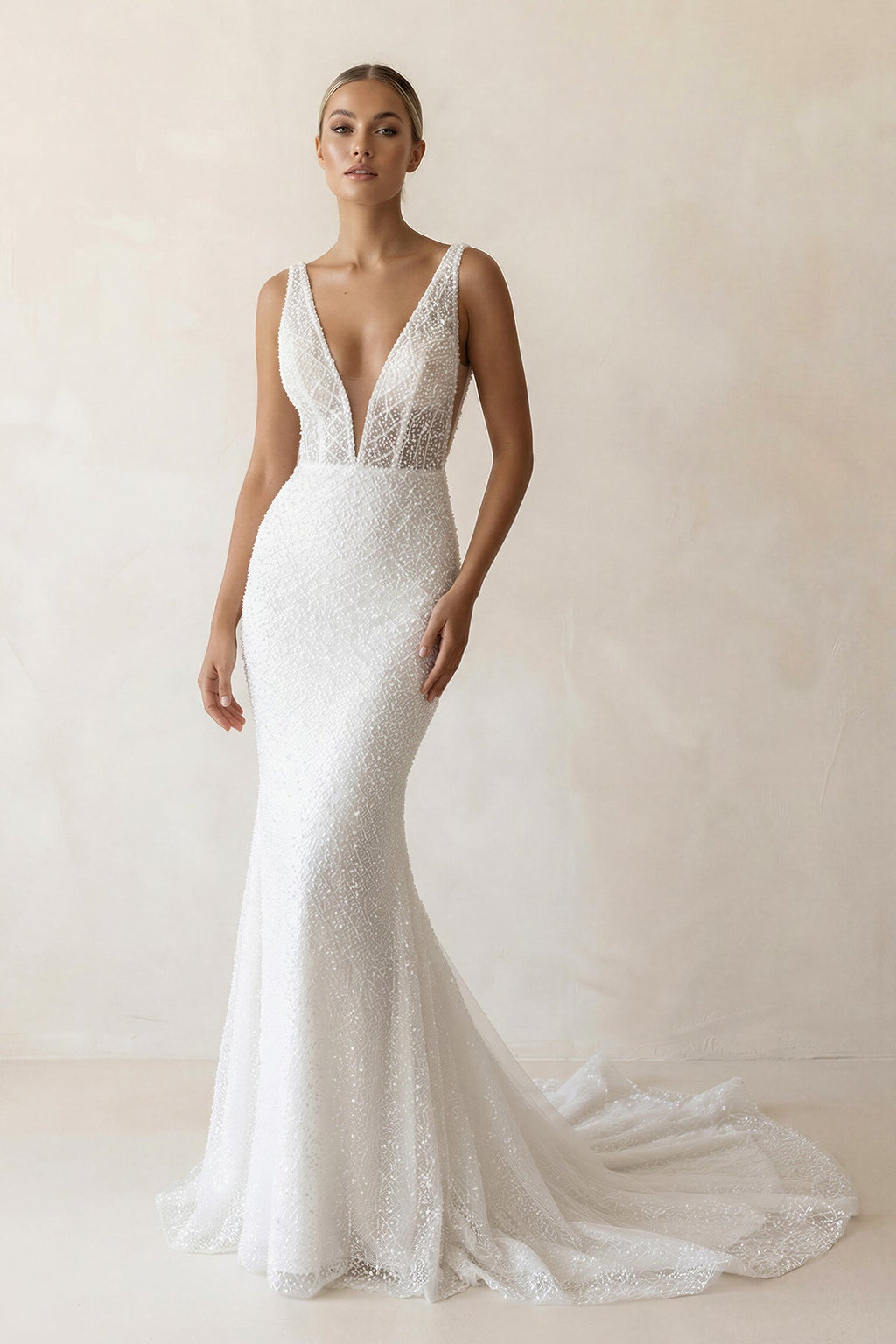 Diamond White Lace Mermaid Wedding Dress with V-Neck Neckline and Sequins