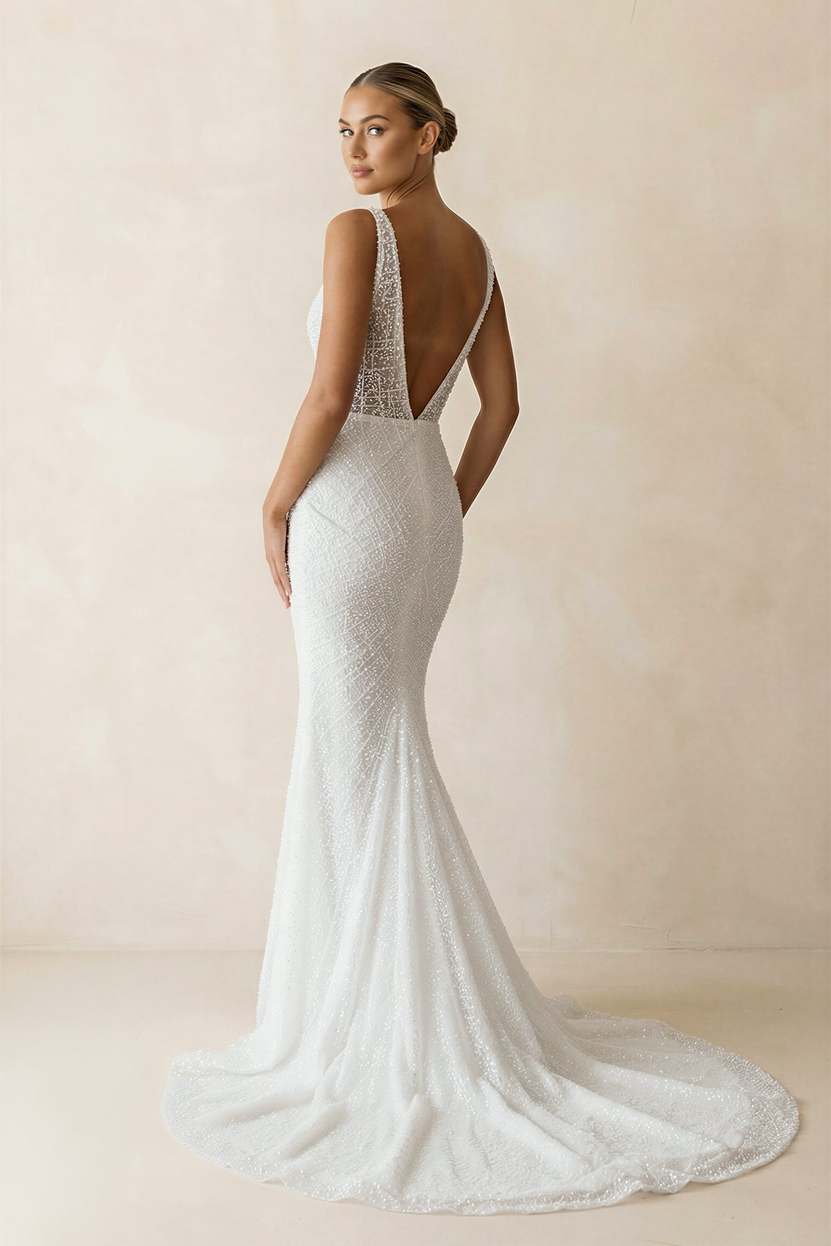 Diamond White Lace Mermaid Wedding Dress with V-Neck Neckline and Sequins