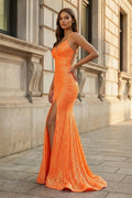 Orange Sequins Mermaid Evening Dress with V-Neck Neckline and Sequins