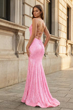 Orange Sequins Mermaid Evening Dress with V-Neck Neckline and Sequins
