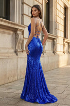 Orange Sequins Mermaid Evening Dress with V-Neck Neckline and Sequins