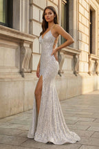 Orange Sequins Mermaid Evening Dress with V-Neck Neckline and Sequins