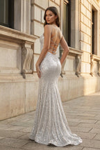 Orange Sequins Mermaid Evening Dress with V-Neck Neckline and Sequins