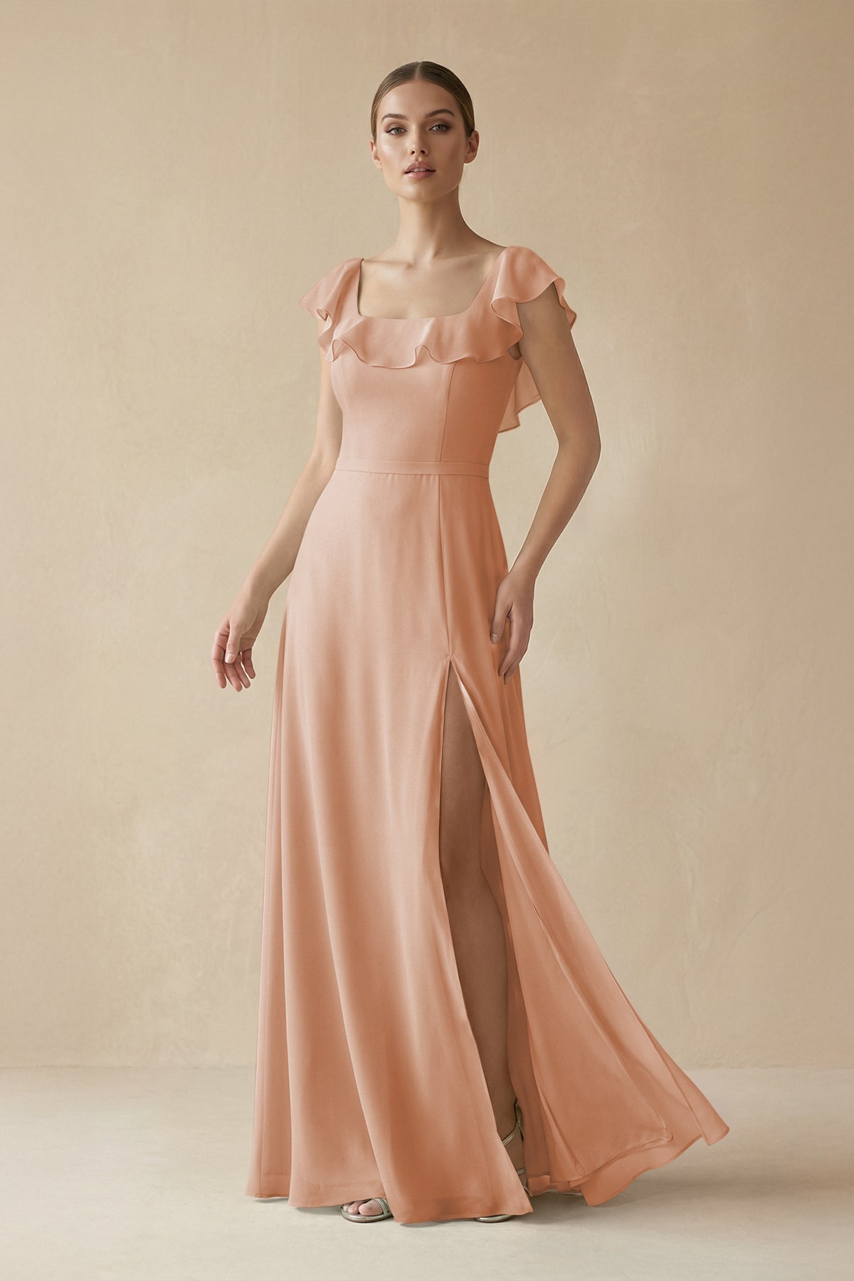 Champagne Chiffon A-Line Bridesmaid Dress with Square Neck Neckline and Ruffles