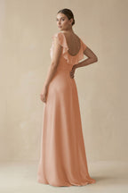 Champagne Chiffon A-Line Bridesmaid Dress with Square Neck Neckline and Ruffles