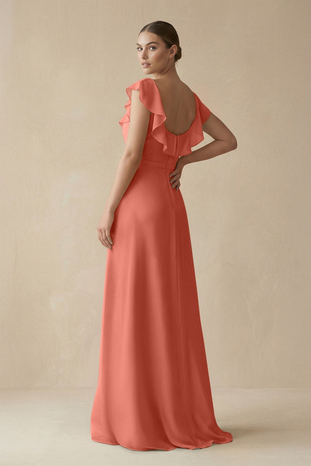 Rose Pink Chiffon A-Line Bridesmaid Dress with Square Neck Neckline and Ruffles