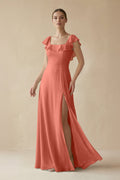 Rose Pink Chiffon A-Line Bridesmaid Dress with Square Neck Neckline and Ruffles