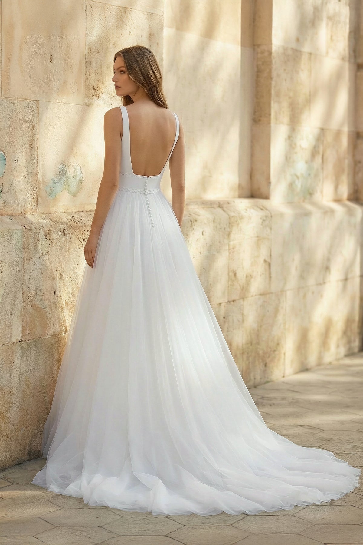 Diamond White Tulle A-Line Wedding Dress with Square Neck Neckline and Sweep Train