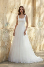 Diamond White Tulle A-Line Wedding Dress with Square Neck Neckline and Sweep Train