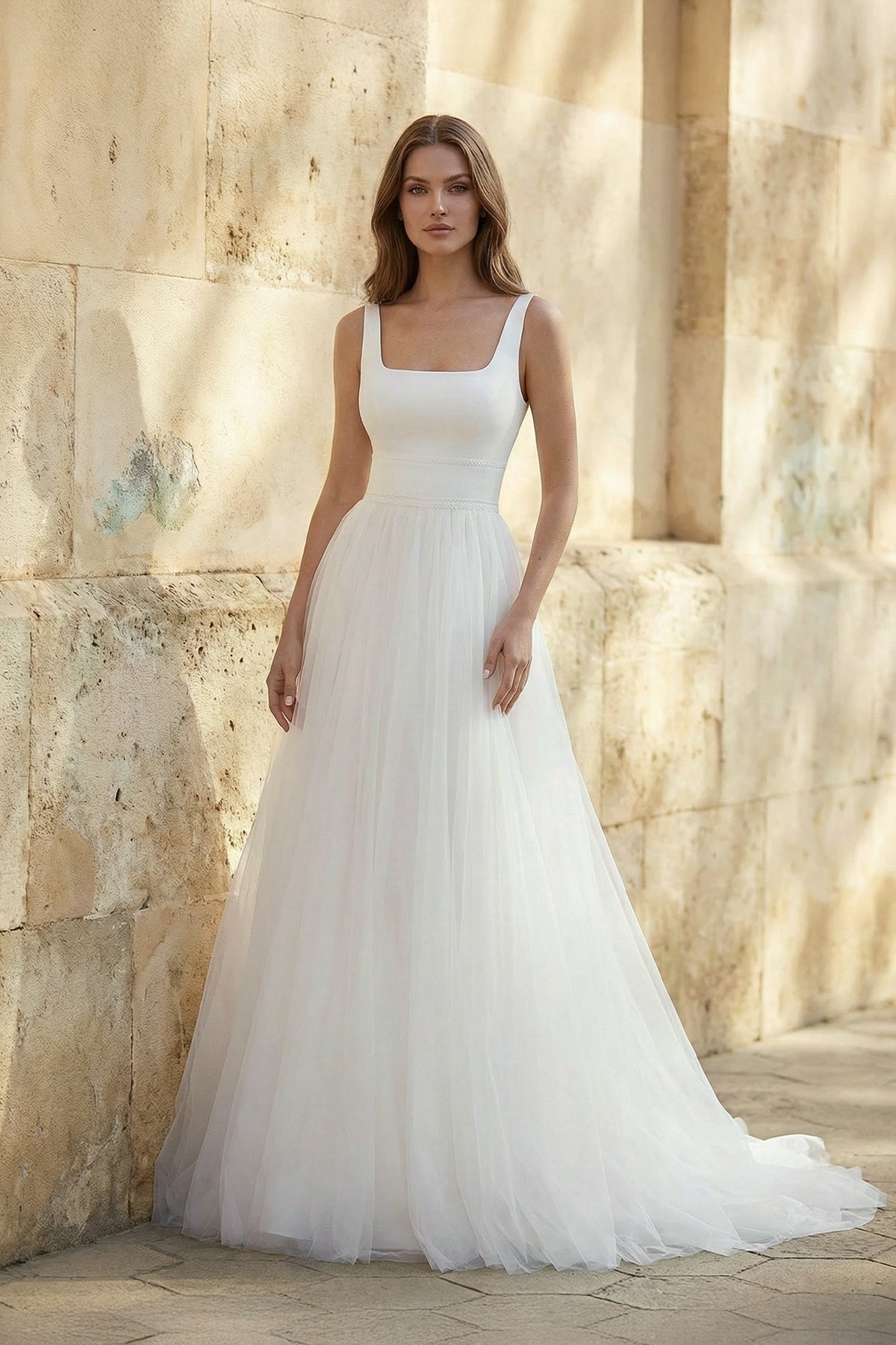 Diamond White Tulle A-Line Wedding Dress with Square Neck Neckline and Sweep Train