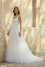 Diamond White Tulle A-Line Wedding Dress with Square Neck Neckline and Sweep Train
