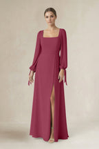 Rose Pink Chiffon A-Line Bridesmaid Dress with Square Neck Neckline