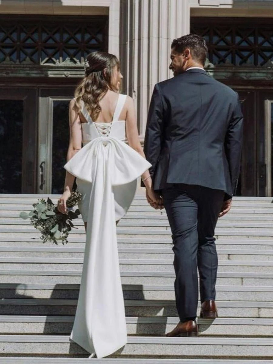 Diamond White Satin Sheath Wedding Dress with Square Neck Neckline and Floor Length