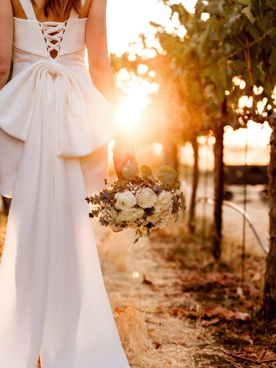 Diamond White Satin Sheath Wedding Dress with Square Neck Neckline and Floor Length