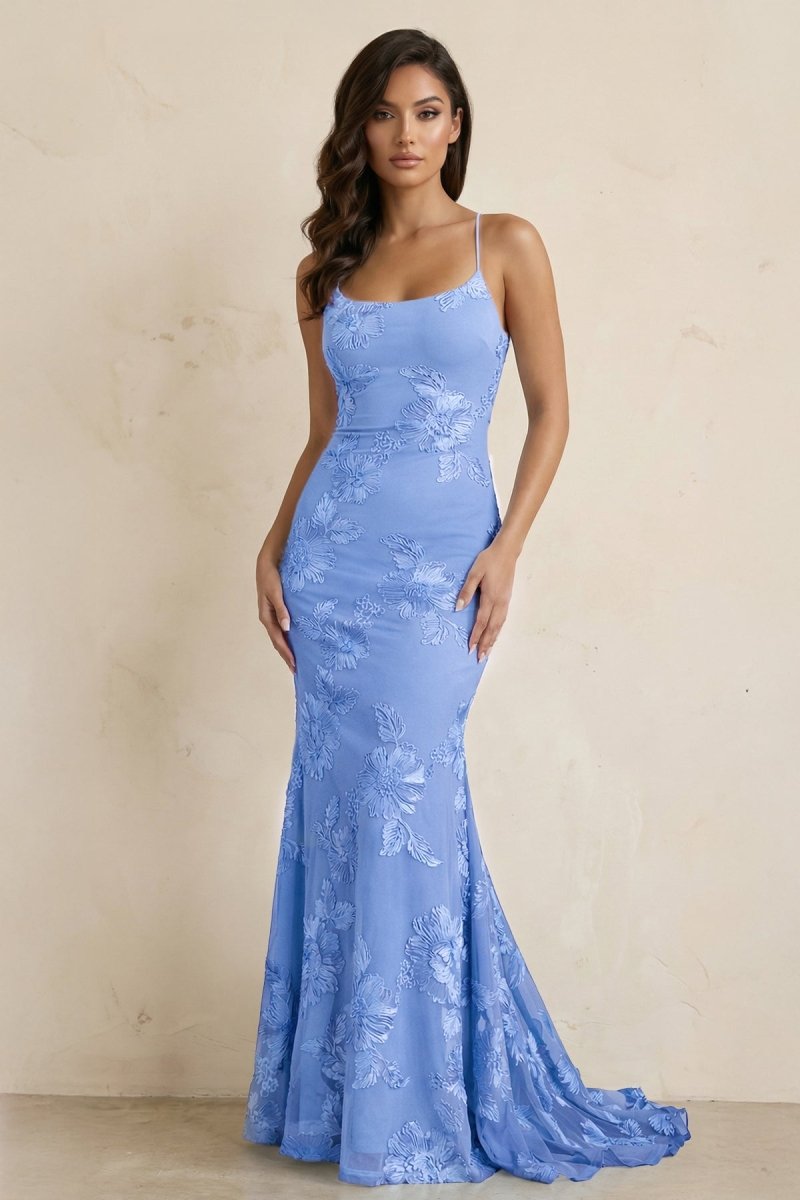Sky Blue Spaghetti Straps Mermaid Tulle Long Formal Prom Gown With Appliques