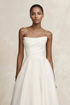 Ivory Satin A-Line Wedding Dress with Strapless Neckline and Floor Length