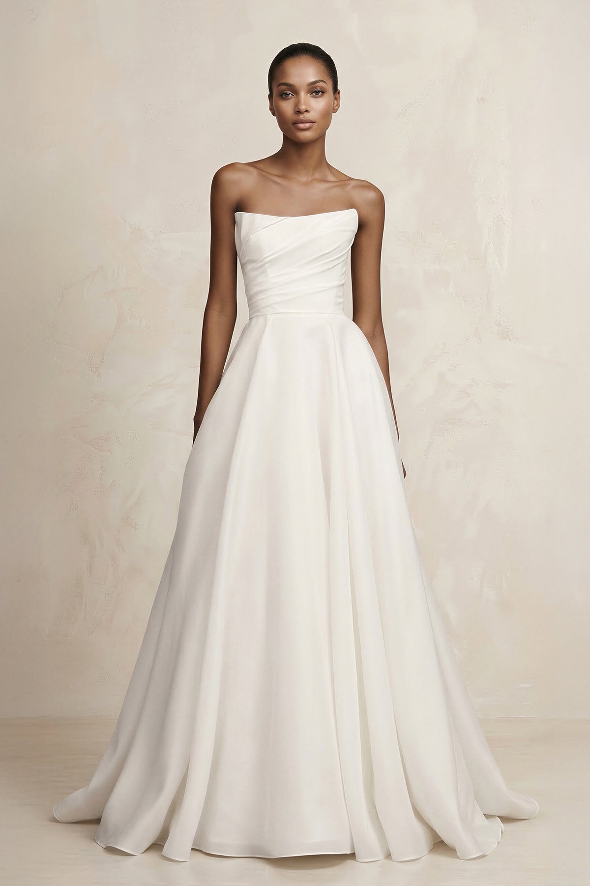 Ivory Satin A-Line Wedding Dress with Strapless Neckline and Floor Length