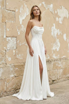 Diamond White Satin Mermaid Wedding Dress with Strapless Neckline and Slit