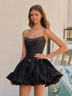 Strapless Black Beaded Short Homecoming Dress with Bow