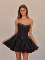 Strapless Black Beaded Short Homecoming Dress with Bow