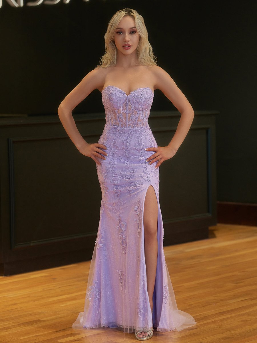 Lilac Tulle Mermaid Evening Dress with Sweetheart Neckline and Slit