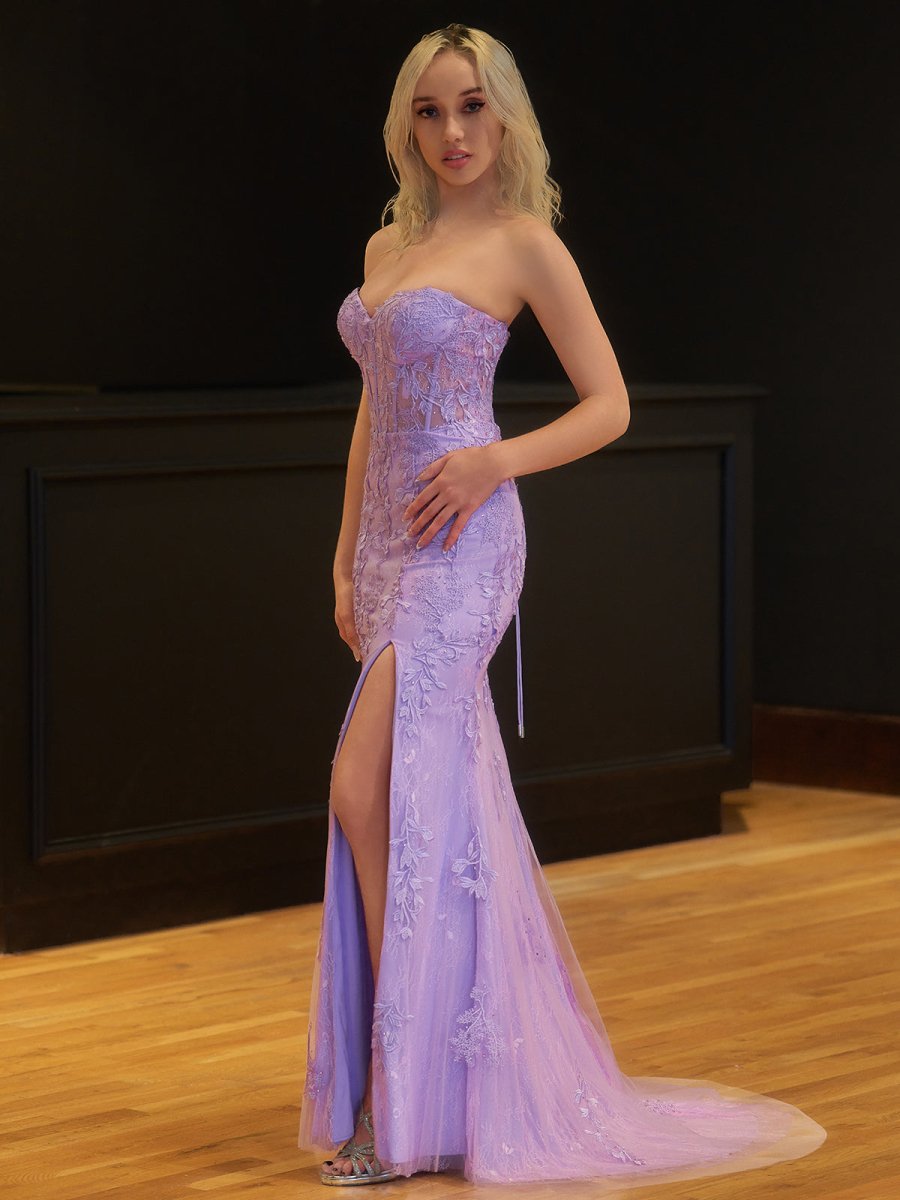 Lilac Tulle Mermaid Evening Dress with Sweetheart Neckline and Slit