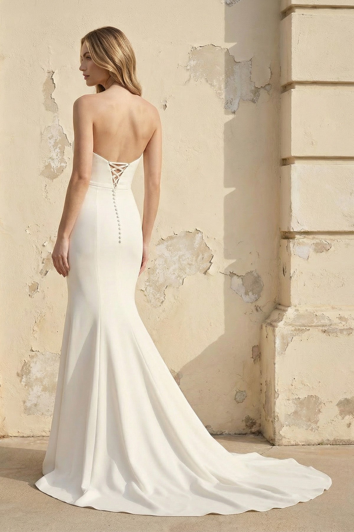Diamond White Satin Mermaid Wedding Dress with Strapless Neckline and Sweep Train