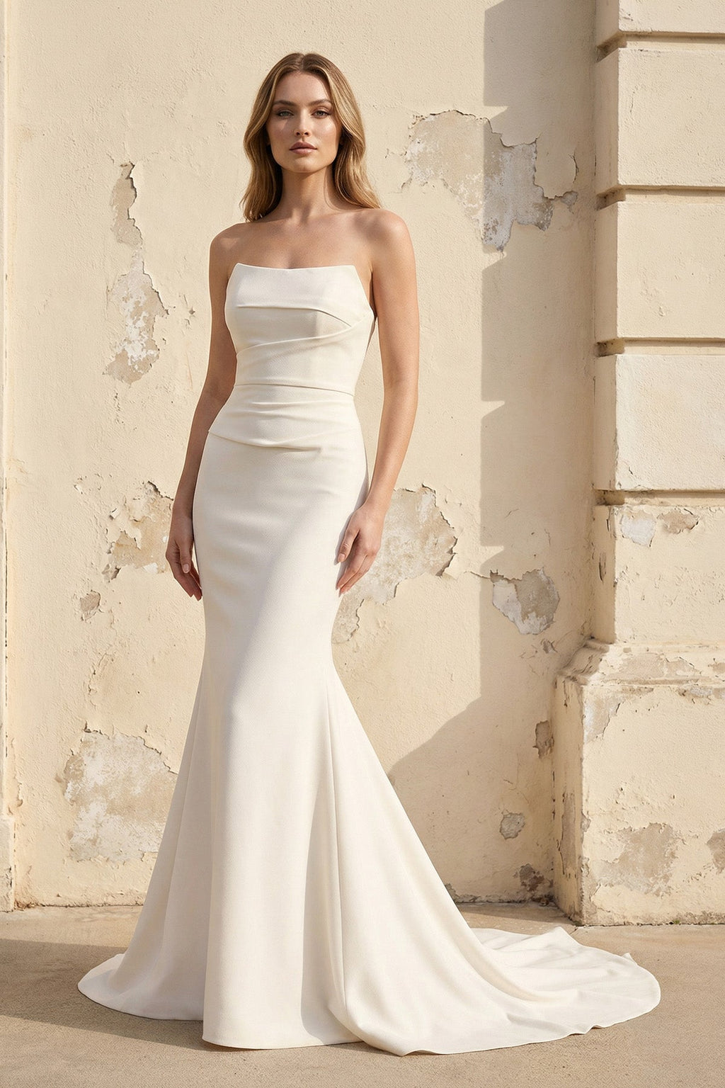 Diamond White Satin Mermaid Wedding Dress with Strapless Neckline and Sweep Train