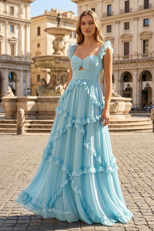 A-Line Straps Sky Blue Chiffon Ruffles Long Formal Prom Gown