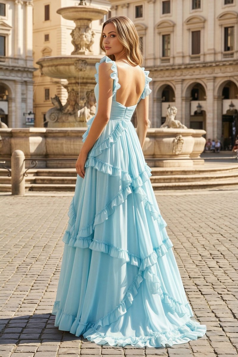 A-Line Straps Sky Blue Chiffon Ruffles Long Formal Prom Gown