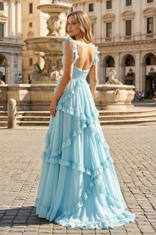 A-Line Straps Sky Blue Chiffon Ruffles Long Formal Prom Gown