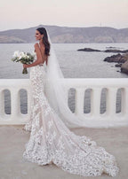 White Lace Mermaid Wedding Dress with V-Neck Neckline and Appliques