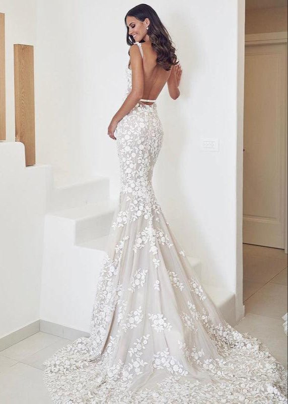 White Lace Mermaid Wedding Dress with V-Neck Neckline and Appliques