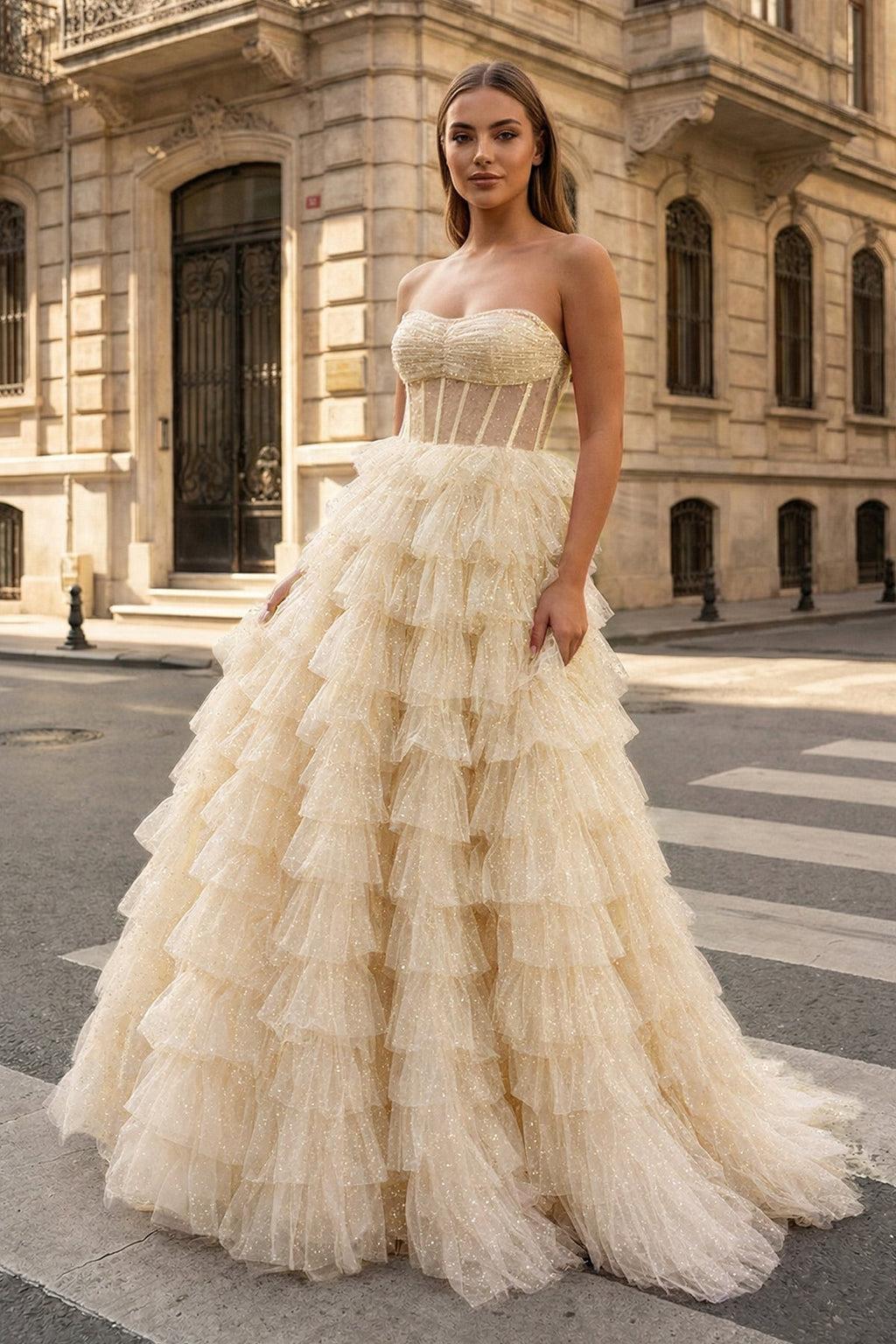 Bellamy Mae Champagne front view prom dress