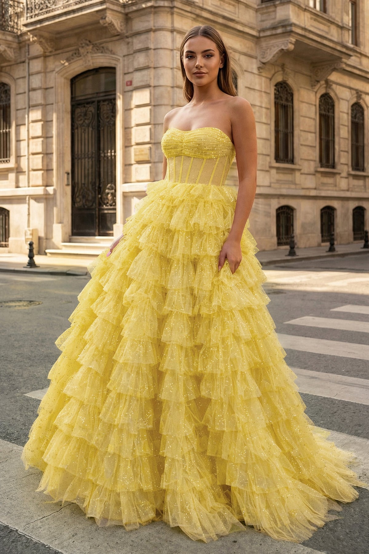 Bellamy Mae Yellow front view prom dress