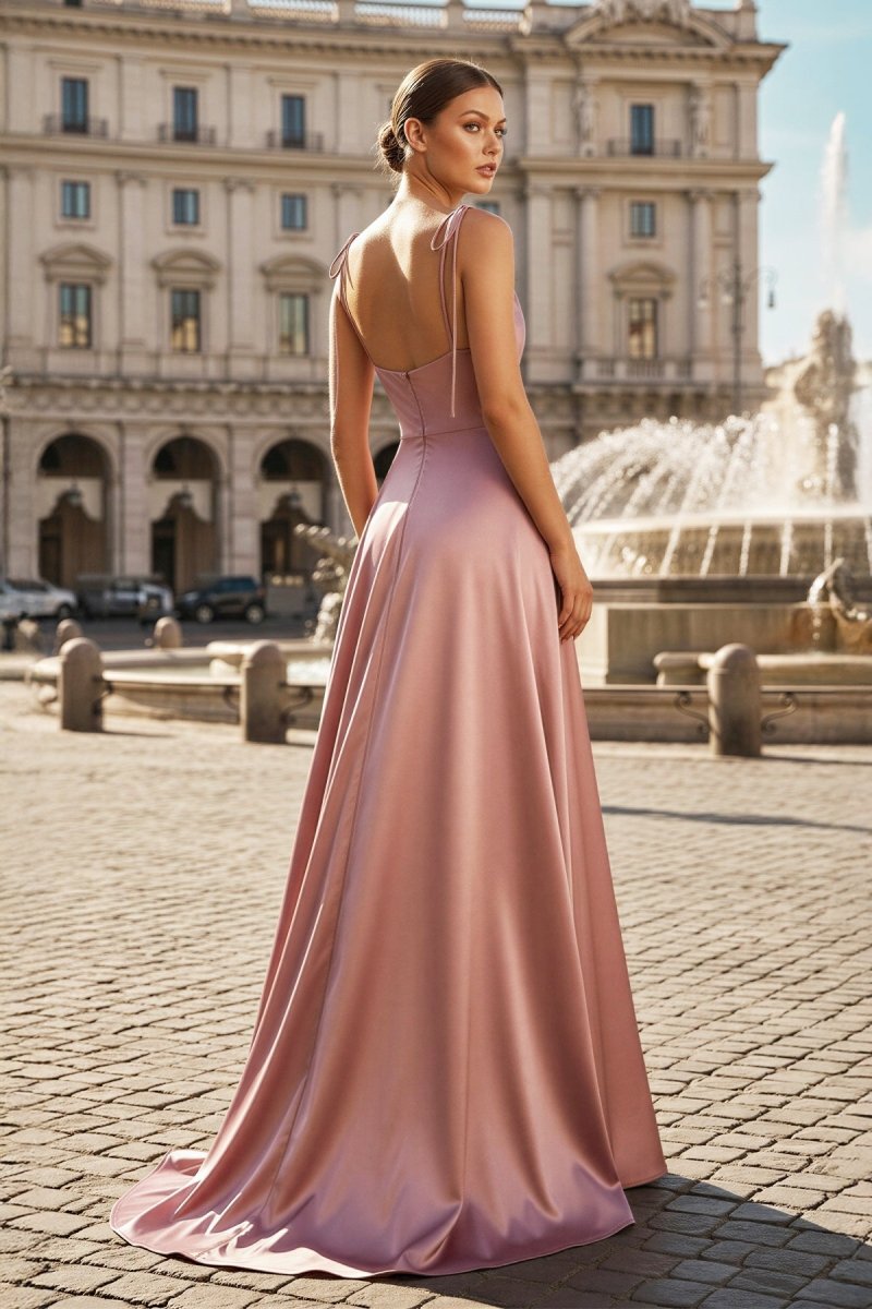 Blush Satin A-Line Bridesmaid Dress with Spaghetti Straps Neckline