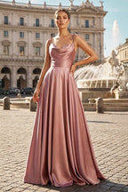 Blush Satin A-Line Bridesmaid Dress with Spaghetti Straps Neckline