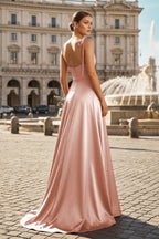 Blush Satin A-Line Bridesmaid Dress with Spaghetti Straps Neckline