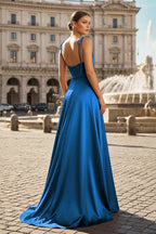 Blush Satin A-Line Bridesmaid Dress with Spaghetti Straps Neckline