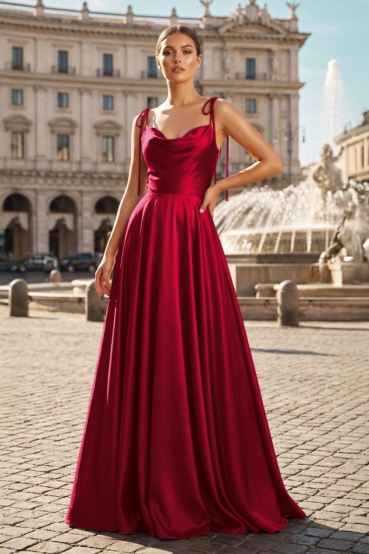 Blush Satin A-Line Bridesmaid Dress with Spaghetti Straps Neckline
