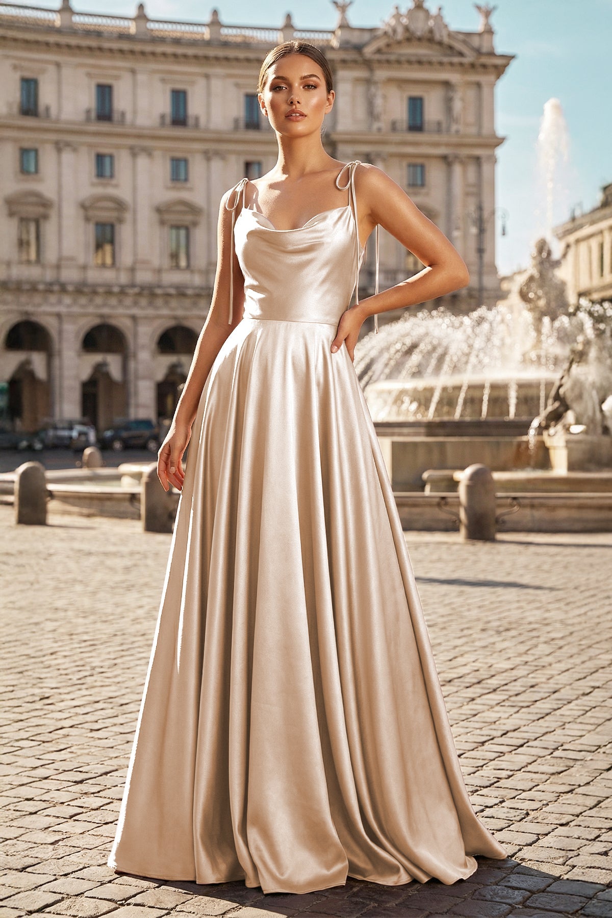 Blush Satin A-Line Bridesmaid Dress with Spaghetti Straps Neckline