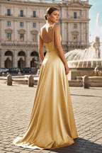 Blush Satin A-Line Bridesmaid Dress with Spaghetti Straps Neckline