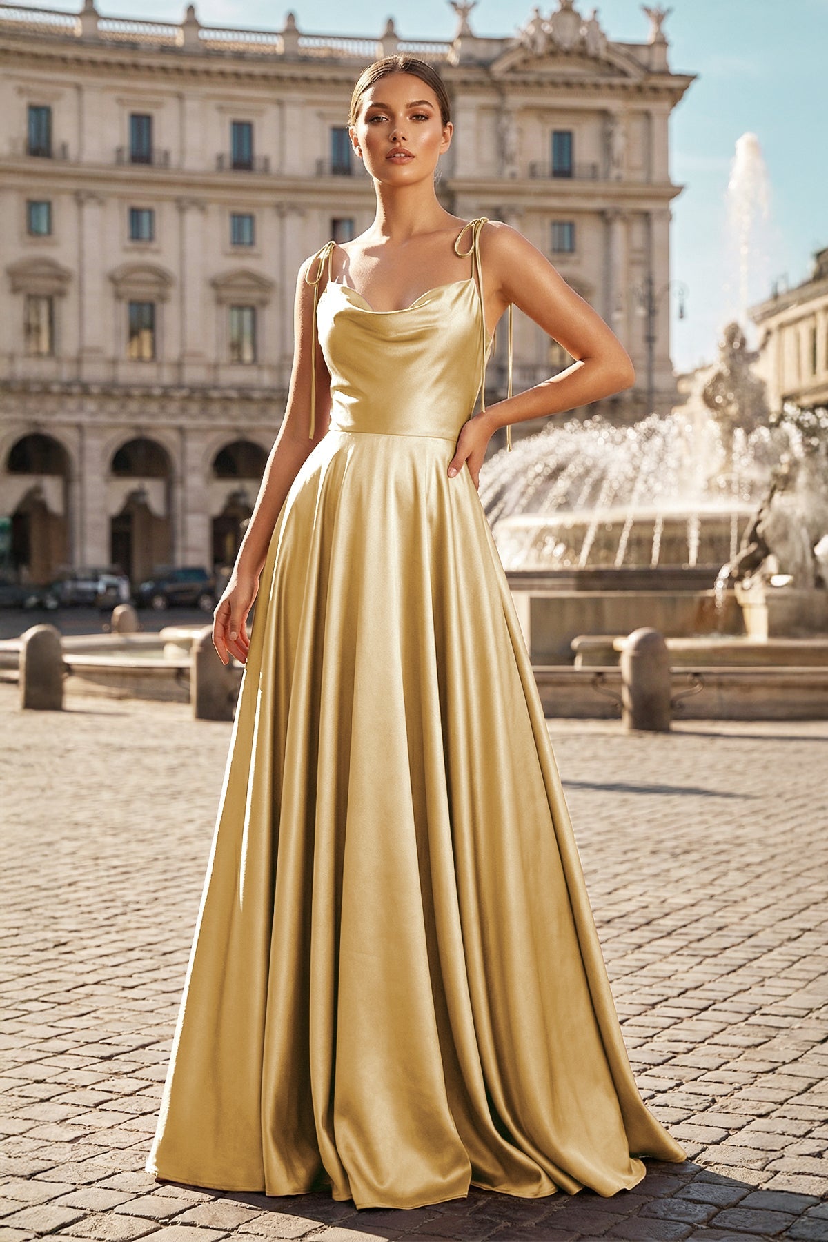 Blush Satin A-Line Bridesmaid Dress with Spaghetti Straps Neckline